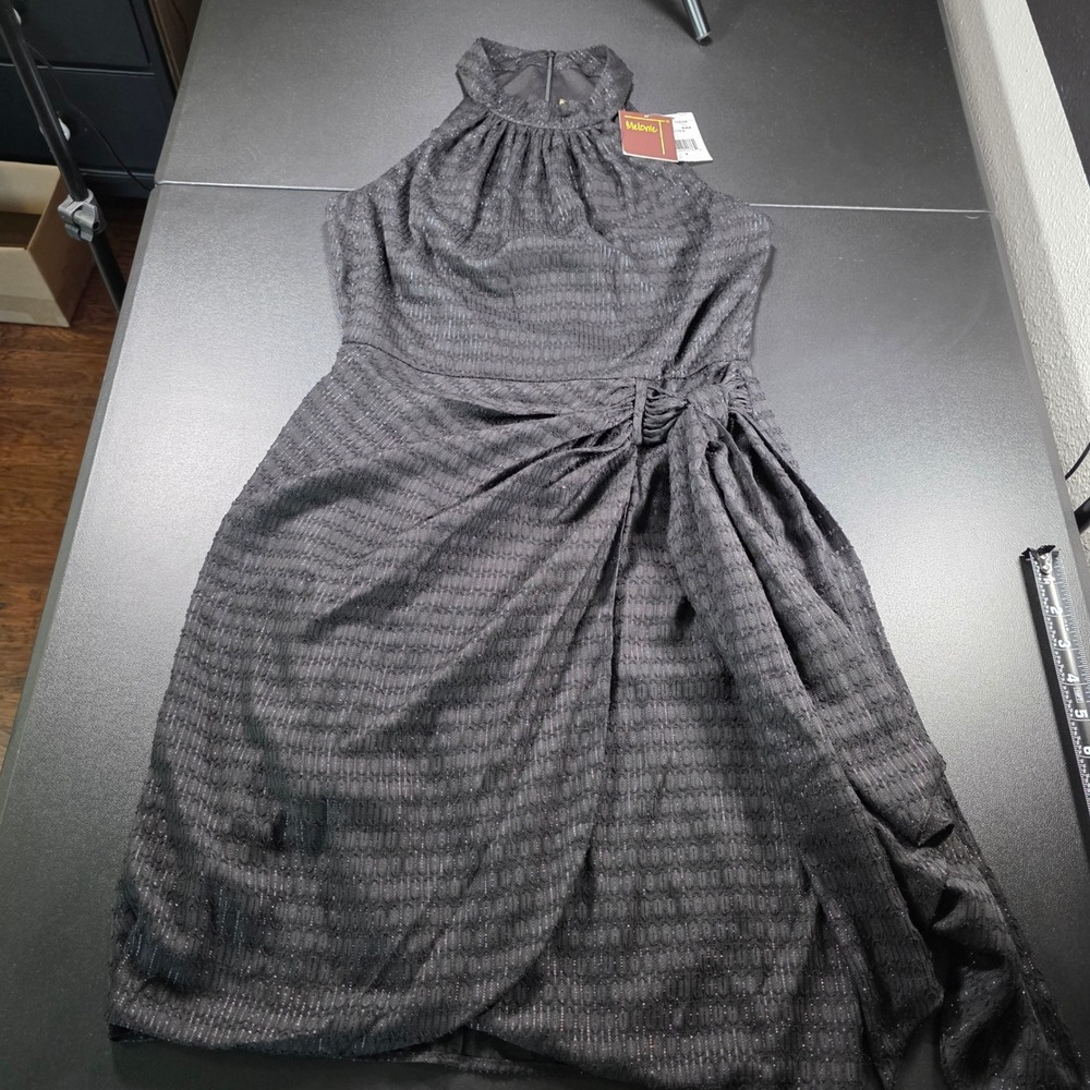 Melonie T Black Metallic Halter Neck Draped Cocktail Dress NWT Size 4